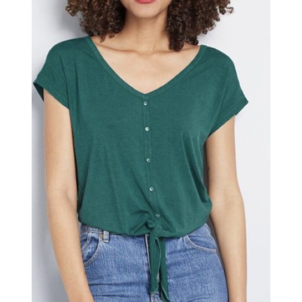 MODCLOTH Kelly Green Tie Front Button Blouse Top Stretch Travel - Size 4X NWOT
